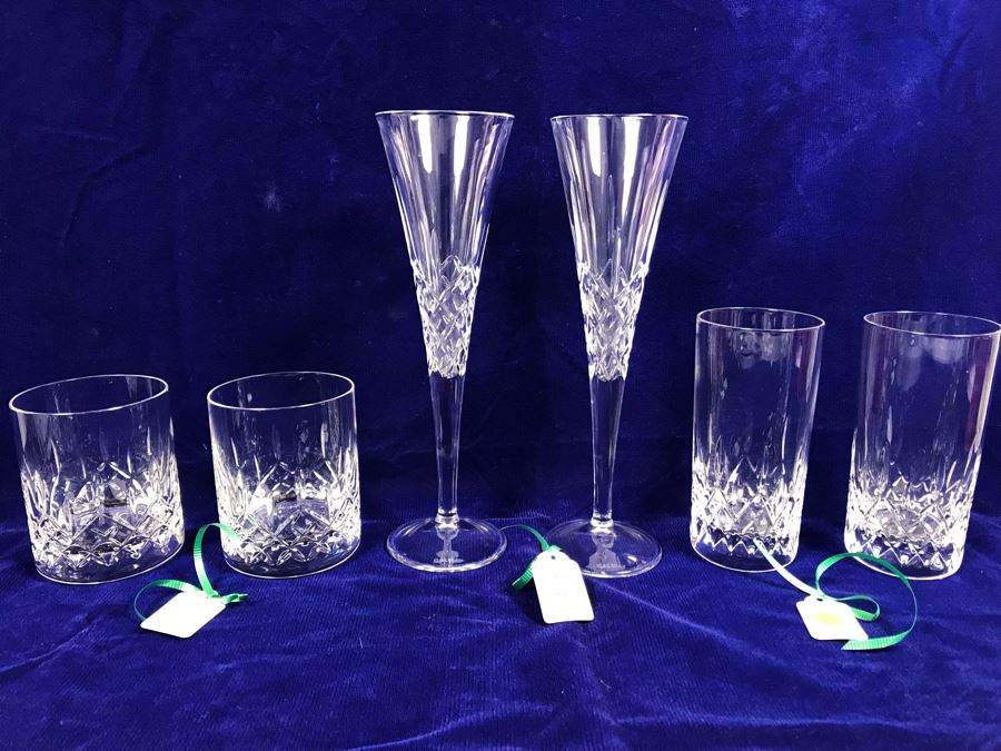 Just Added - Galway Crystal Pair Of Romance Flutes, Pair Of Highball Glasses And Pair Of Whiskey Glasses Retails $250