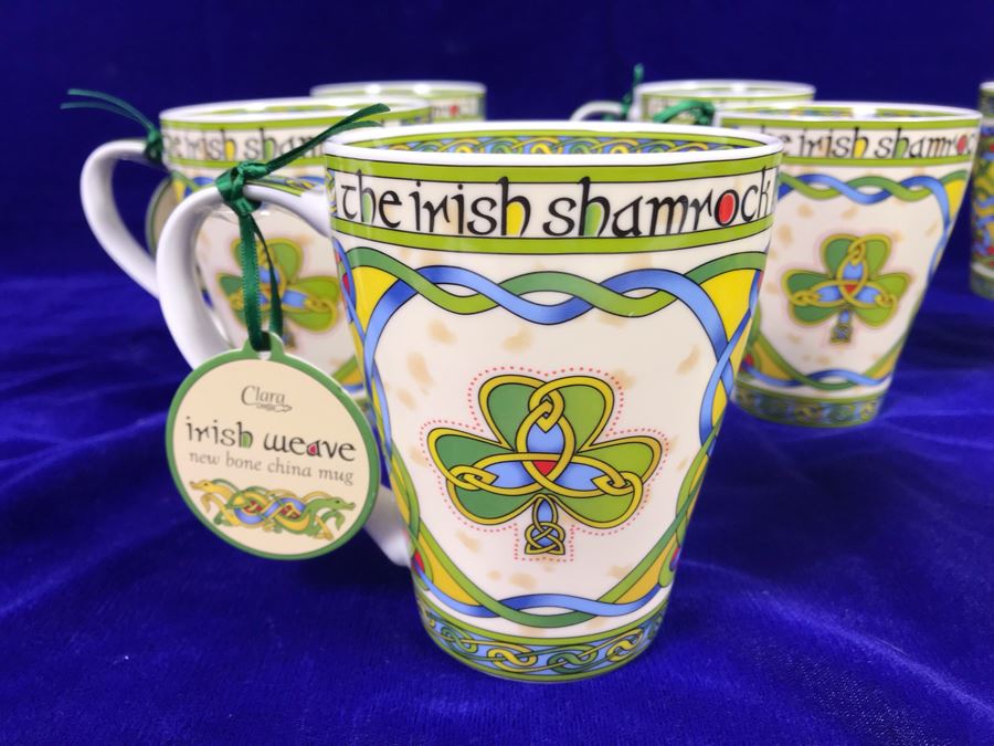 Just Added Set Of 8 Clara Irish Weave New Bone China Coffee Mugs irish-santa-bust-retails-135