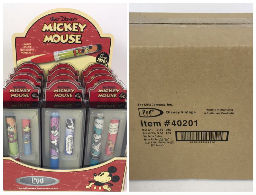 Sealed Box Of New 2004 Disney Vintage Mickey Mouse Limited Edition Individually Numbered Collectible Memorabilia Pod Pens Merchandiser Store Display By The CDM Company - 12 Pens [Photo 1]
