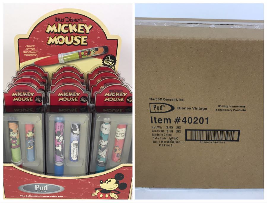 Sealed Box Of New 2004 Disney Vintage Mickey Mouse Limited Edition Individually Numbered Collectible Memorabilia Pod Pens Merchandiser Store Display By The CDM Company - 12 Pens [Photo 1]