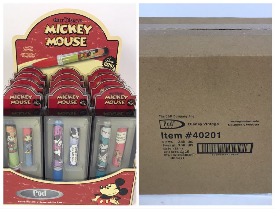 Sealed Box Of New 2004 Disney Vintage Mickey Mouse Limited Edition Individually Numbered Collectible Memorabilia Pod Pens Merchandiser Store Display By The CDM Company - 12 Pens [Photo 1]