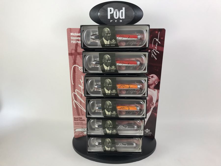 New Michael Jordan Upper Deck Collectibles Signature Series Limited Edition Individually Numbered Collectible Memorabilia Pod Pens With Merchandiser Store Display By The CDM Company - 24 Michael Jordan Pens [Photo 1]