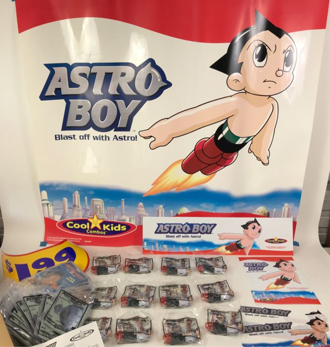 New Carl's Jr. Astro Boy Promotional Items Including Mini Banner, Window Cling And (24) Happy Meal Astro Boy Toys