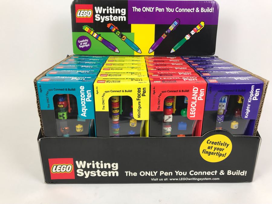 New 2001 LEGO Writing System Writing System Pens: Legoland Pen, Aquazone Pen, Faces Pen, Knights' Kingdom Pen Merchandiser Store Display By The CDM Company - 24 Pens