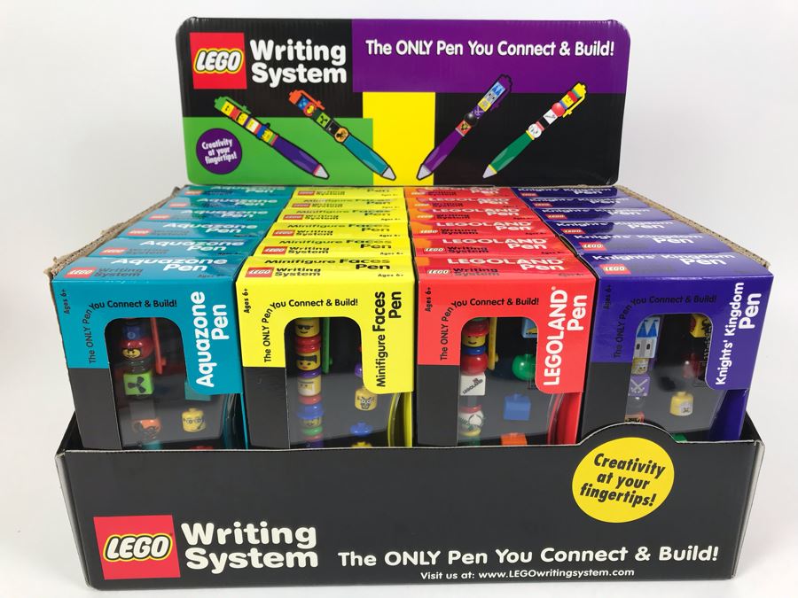 New 2001 LEGO Writing System Writing System Pens: Legoland Pen, Aquazone Pen, Faces Pen, Knights' Kingdom Pen Merchandiser Store Display By The CDM Company - 24 Pens