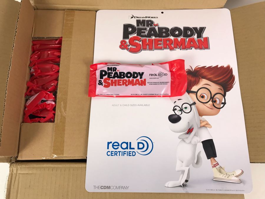 New 2014 Dreamworks Mr. Peabody & Sherman Movie Theather Sealed Real 3D Eyewear Glasses With Packaging And Movie Theater Cardboard Display - Approximately 150 Glasses [Photo 1]