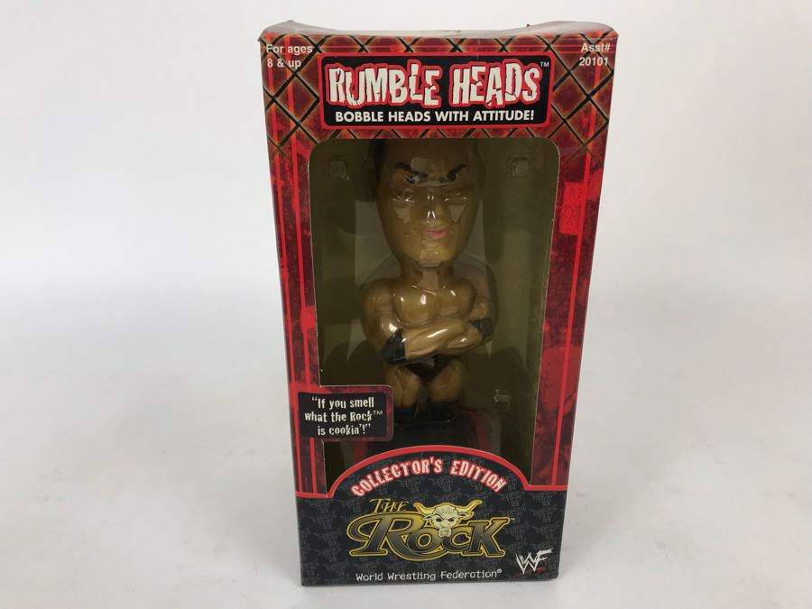 New In Box 2001 Collector's Edition The Rock World Wrestling Federation WWF Rumble Heads Bobble Heads With Attitude