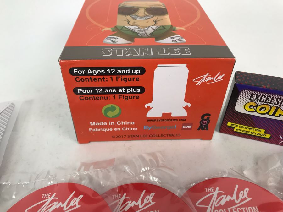 Collection Of Various Stan Lee Collection Items Including Stan Lee Shirt Buttons, Exclusive Stan Lee Figure SodaZ By ByGeorge! Art By Francisco Herrera, (4) Excelsior Stan Lee Buttons, (4) Excelsior Stan Lee Pins And Stan Lee Excelsior Coin [Photo 5]