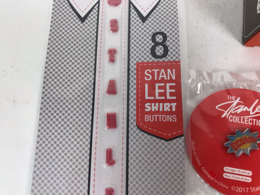 Collection Of Various Stan Lee Collection Items Including Stan Lee Shirt Buttons, Exclusive Stan Lee Figure SodaZ By ByGeorge! Art By Francisco Herrera, (4) Excelsior Stan Lee Buttons, (4) Excelsior Stan Lee Pins And Stan Lee Excelsior Coin [Photo 7]