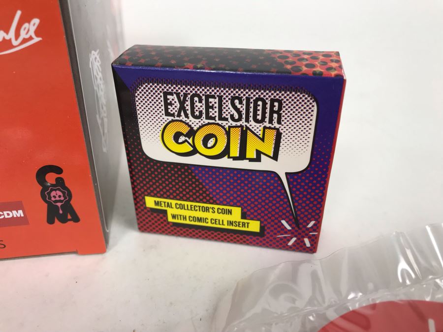 Collection Of Various Stan Lee Collection Items Including Stan Lee Shirt Buttons, Exclusive Stan Lee Figure SodaZ By ByGeorge! Art By Francisco Herrera, (4) Excelsior Stan Lee Buttons, (4) Excelsior Stan Lee Pins And Stan Lee Excelsior Coin [Photo 11]