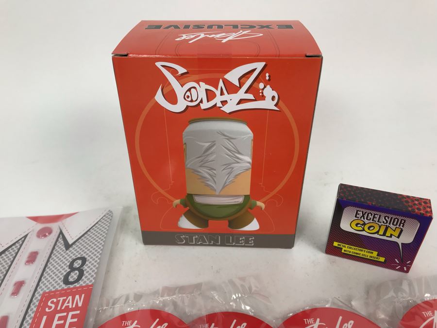 Collection Of Various Stan Lee Collection Items Including Stan Lee Shirt Buttons, Exclusive Stan Lee Figure SodaZ By ByGeorge! Art By Francisco Herrera, (4) Excelsior Stan Lee Buttons, (4) Excelsior Stan Lee Pins And Stan Lee Excelsior Coin [Photo 4]