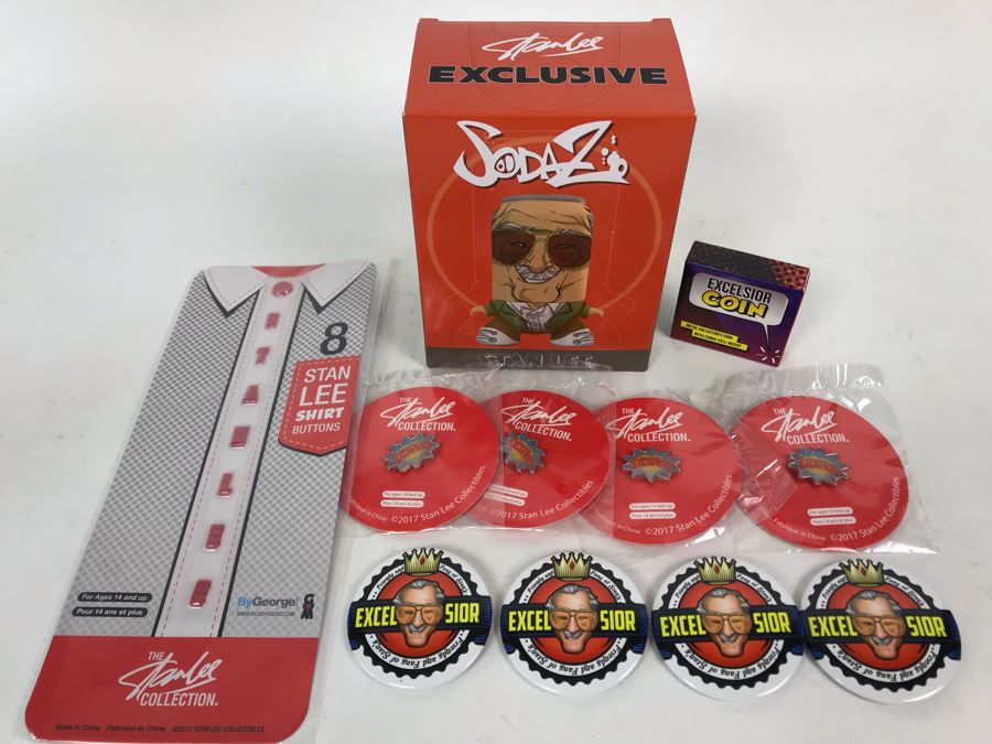 Collection Of Various Stan Lee Collection Items Including Stan Lee Shirt Buttons, Exclusive Stan Lee Figure SodaZ By ByGeorge! Art By Francisco Herrera, (4) Excelsior Stan Lee Buttons, (4) Excelsior Stan Lee Pins And Stan Lee Excelsior Coin [Photo 2]
