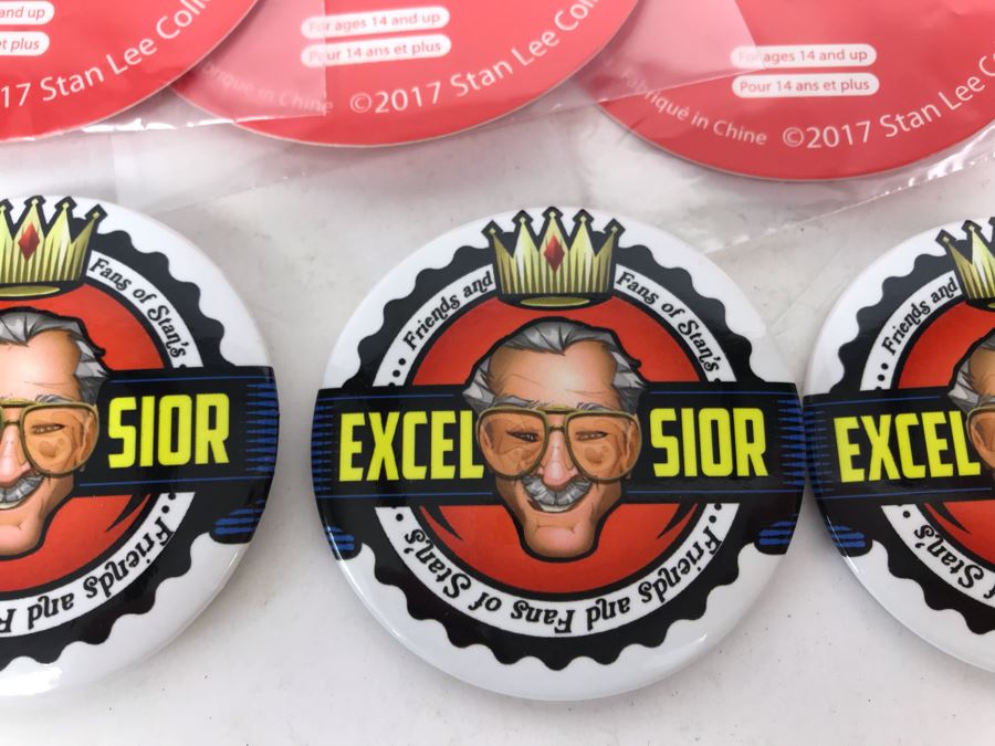 Collection Of Various Stan Lee Collection Items Including Stan Lee Shirt Buttons, Exclusive Stan Lee Figure SodaZ By ByGeorge! Art By Francisco Herrera, (4) Excelsior Stan Lee Buttons, (4) Excelsior Stan Lee Pins And Stan Lee Excelsior Coin [Photo 10]