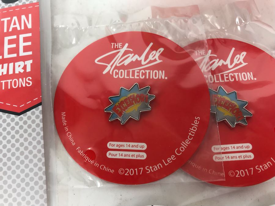 Collection Of Various Stan Lee Collection Items Including Stan Lee Shirt Buttons, Exclusive Stan Lee Figure SodaZ By ByGeorge! Art By Francisco Herrera, (4) Excelsior Stan Lee Buttons, (4) Excelsior Stan Lee Pins And Stan Lee Excelsior Coin [Photo 9]