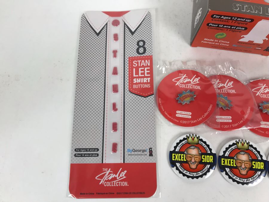 Collection Of Various Stan Lee Collection Items Including Stan Lee Shirt Buttons, Exclusive Stan Lee Figure SodaZ By ByGeorge! Art By Francisco Herrera, (4) Excelsior Stan Lee Buttons, (4) Excelsior Stan Lee Pins And Stan Lee Excelsior Coin [Photo 6]