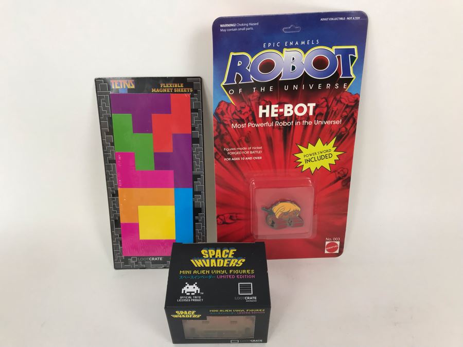 New Mattel Epic Enamels Robot Of The Universe He-Bot, New Space Invaders Limited Edition Mini Alien Vinyl Figure By Loot Crate And Tetris Flexible Magnet Sheets By Loot Crate [Photo 1]
