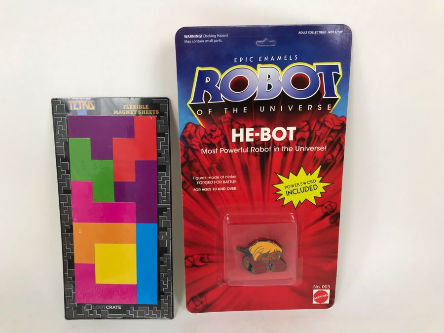 New Mattel Epic Enamels Robot Of The Universe He-Bot, New Space Invaders Limited Edition Mini Alien Vinyl Figure By Loot Crate And Tetris Flexible Magnet Sheets By Loot Crate [Photo 8]