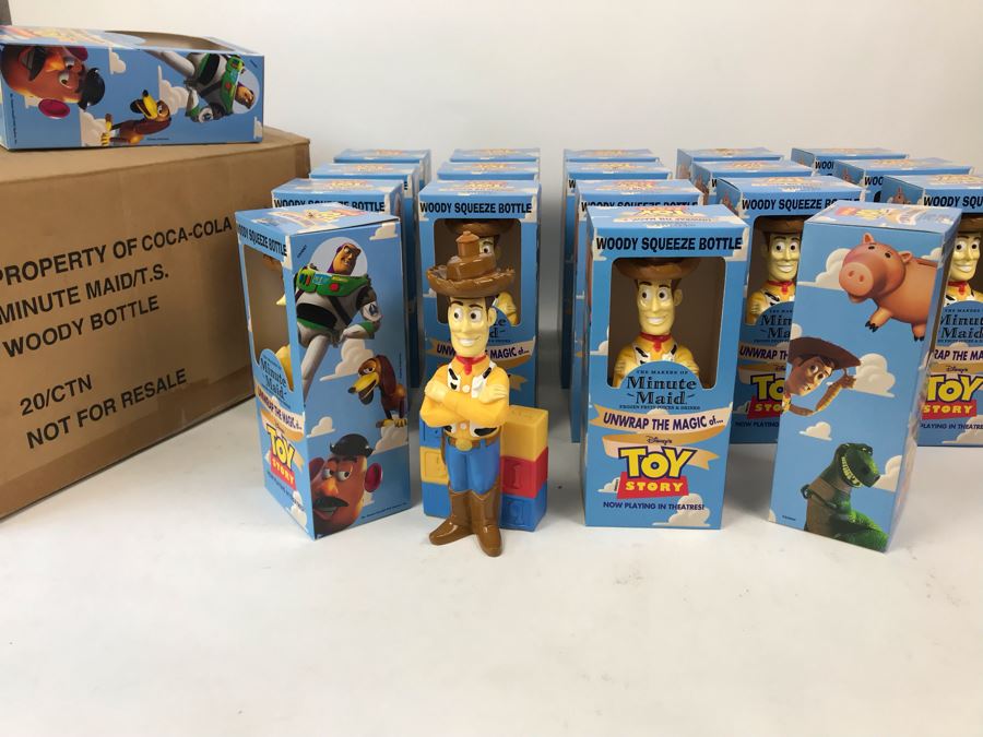 Rare New 1995 Disney's Original Toy Story One Minute Maid Woody Squeeze Bottles In Boxes - 19 Bottles [Photo 1]