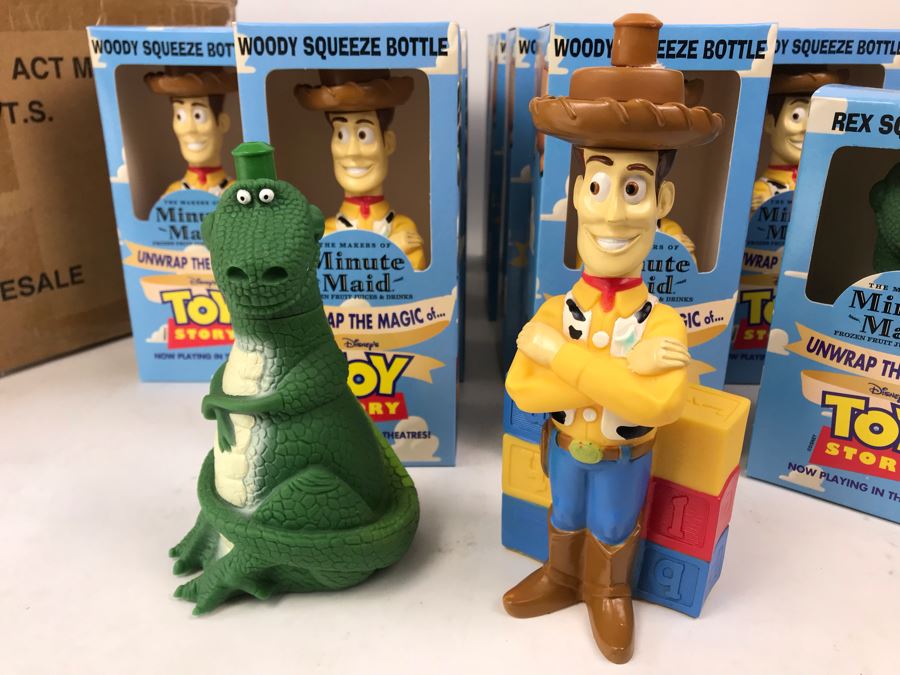 Rare New 1995 Disney's Original Toy Story One Minute Maid Woody And Rex Squeeze Bottles In Boxes - 13 Woody Bottles And 2 Rex Bottles [Photo 3]