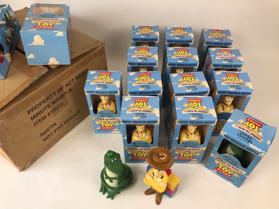 Rare New 1995 Disney's Original Toy Story One Minute Maid Woody And Rex Squeeze Bottles In Boxes - 13 Woody Bottles And 2 Rex Bottles [Photo 16]