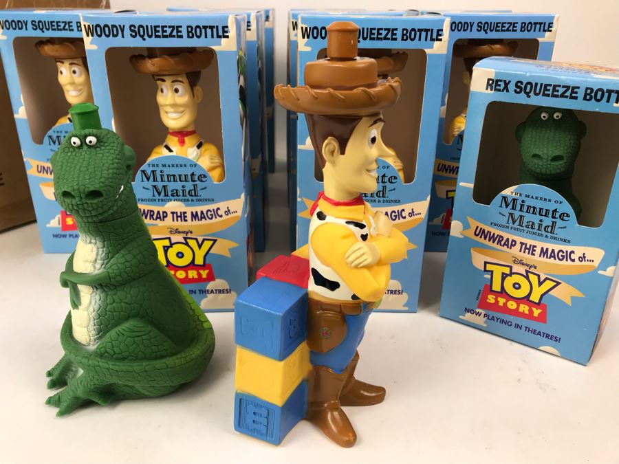 Rare New 1995 Disney's Original Toy Story One Minute Maid Woody And Rex Squeeze Bottles In Boxes - 13 Woody Bottles And 2 Rex Bottles [Photo 6]