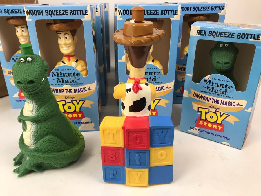 Rare New 1995 Disney's Original Toy Story One Minute Maid Woody And Rex Squeeze Bottles In Boxes - 13 Woody Bottles And 2 Rex Bottles [Photo 5]