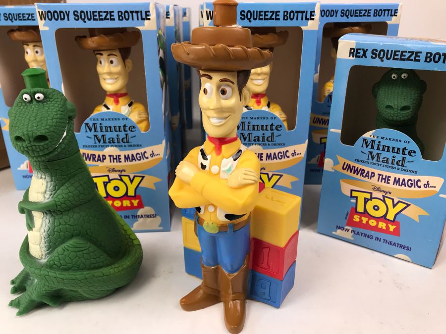Rare New 1995 Disney's Original Toy Story One Minute Maid Woody And Rex Squeeze Bottles In Boxes - 13 Woody Bottles And 2 Rex Bottles [Photo 4]