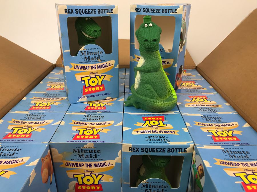 Rare New 1995 Disney's Original Toy Story One Minute Maid Rex Squeeze Bottles In Boxes - 20 Rex Bottles [Photo 1]