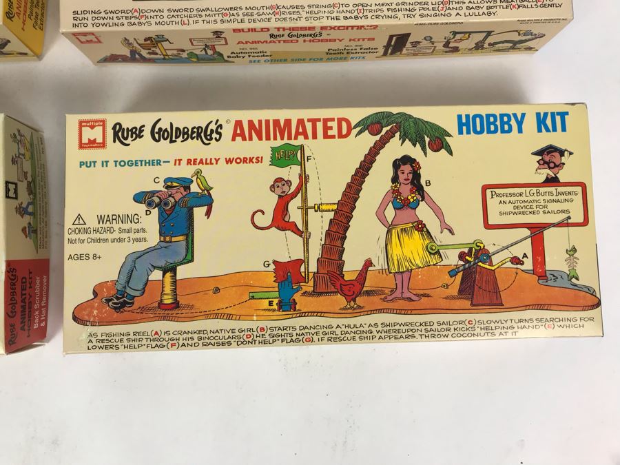Set Of (4) Vintage 1996 New In Box Rube Goldberg's Animated Hobby Kits: Painless False Teeth Extractor, Signal For Shipwrecked Sailors, Back Scrubber & Hat Remover, Automatic Baby Feeder By Marx Toy Corporation [Photo 3]