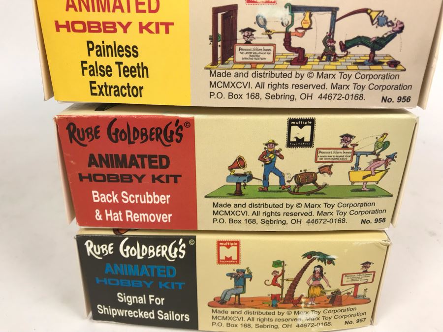 Set Of (4) Vintage 1996 New In Box Rube Goldberg's Animated Hobby Kits: Painless False Teeth Extractor, Signal For Shipwrecked Sailors, Back Scrubber & Hat Remover, Automatic Baby Feeder By Marx Toy Corporation [Photo 13]