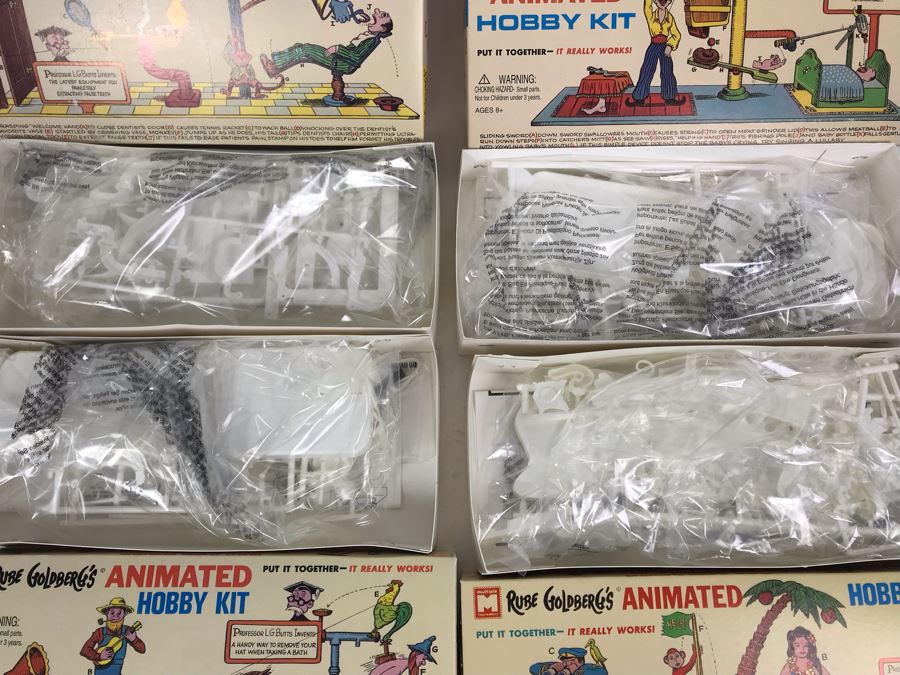 Set Of (4) Vintage 1996 New In Box Rube Goldberg's Animated Hobby Kits: Painless False Teeth Extractor, Signal For Shipwrecked Sailors, Back Scrubber & Hat Remover, Automatic Baby Feeder By Marx Toy Corporation [Photo 9]