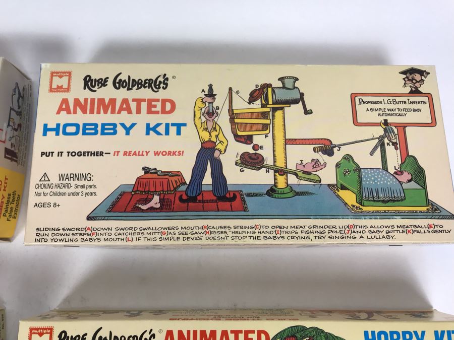 Set Of (4) Vintage 1996 New In Box Rube Goldberg's Animated Hobby Kits: Painless False Teeth Extractor, Signal For Shipwrecked Sailors, Back Scrubber & Hat Remover, Automatic Baby Feeder By Marx Toy Corporation [Photo 5]