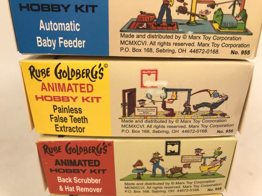 Set Of (4) Vintage 1996 New In Box Rube Goldberg's Animated Hobby Kits: Painless False Teeth Extractor, Signal For Shipwrecked Sailors, Back Scrubber & Hat Remover, Automatic Baby Feeder By Marx Toy Corporation [Photo 12]