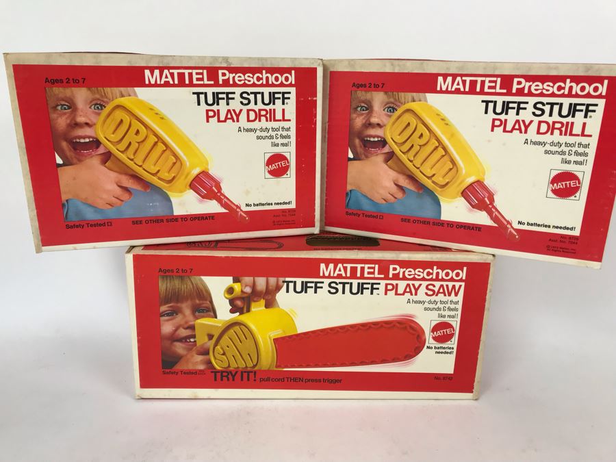 Vintage 1972 Mattel Toys: (2) New In Box Mattel Preschool Tuff Stuff Play Drill And (1) New In Box Mattel Preschool Tuff Stuff Play Saw