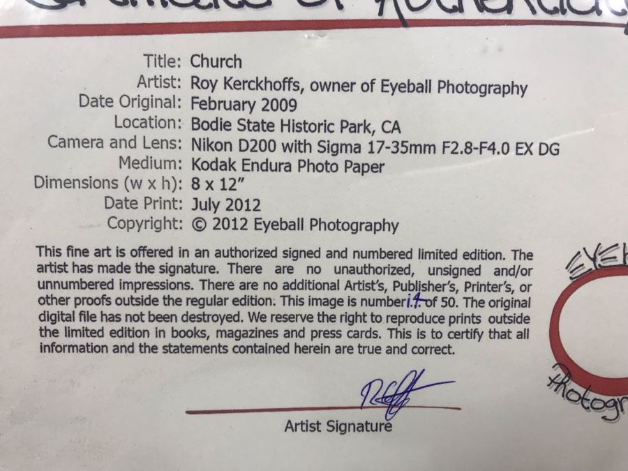 Limited Edition Hand Signed Photograph Titled 'Church' Bodie State Historic Park, CA In Rustic Wooden Frame By Roy Kerckhoffs Eyeball Photography 8' X 12' [Photo 12]