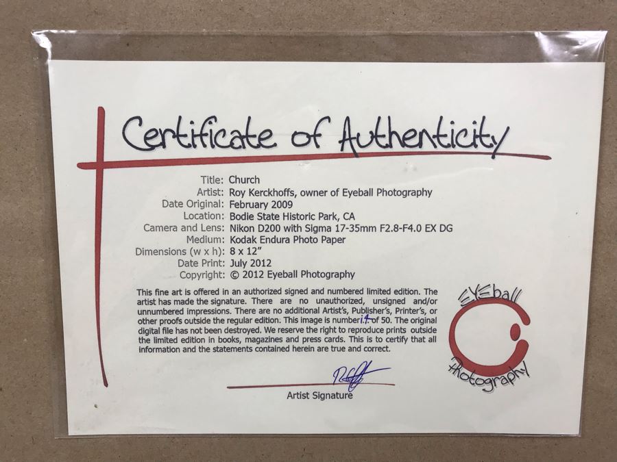 Limited Edition Hand Signed Photograph Titled 'Church' Bodie State Historic Park, CA In Rustic Wooden Frame By Roy Kerckhoffs Eyeball Photography 8' X 12' [Photo 11]