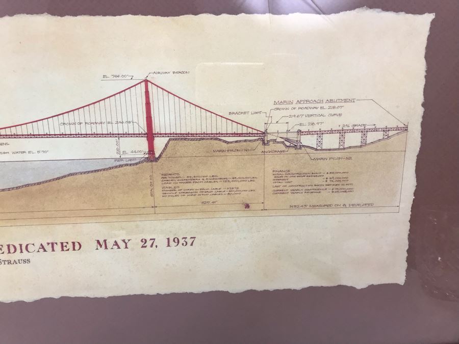 Framed Reproduction Architectural Drawings For The Golden Gate Bridge Dedicated May 27, 1937 41' X 18' [Photo 7]