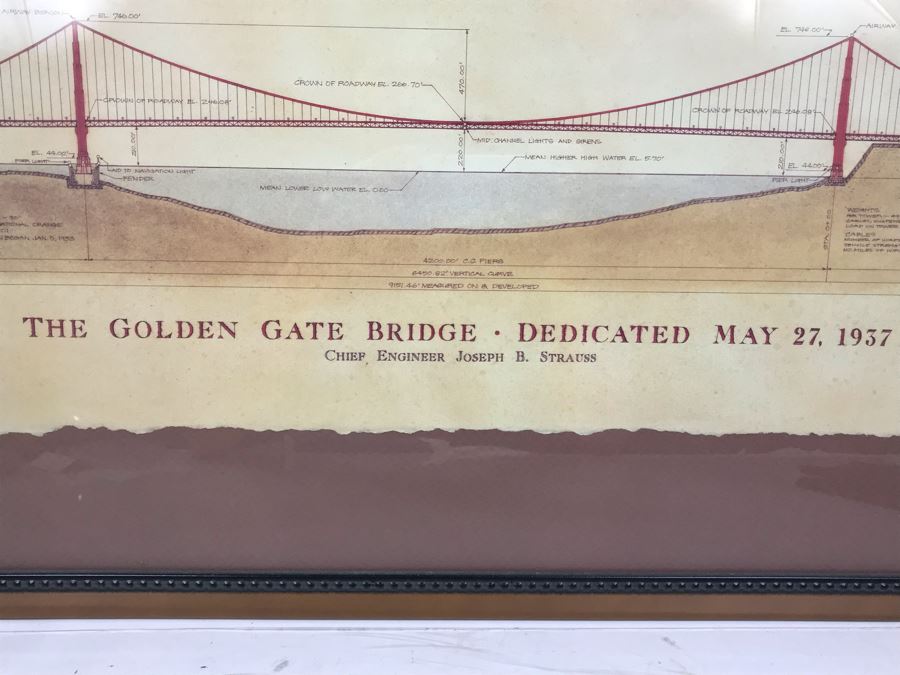 Framed Reproduction Architectural Drawings For The Golden Gate Bridge Dedicated May 27, 1937 41' X 18' [Photo 3]