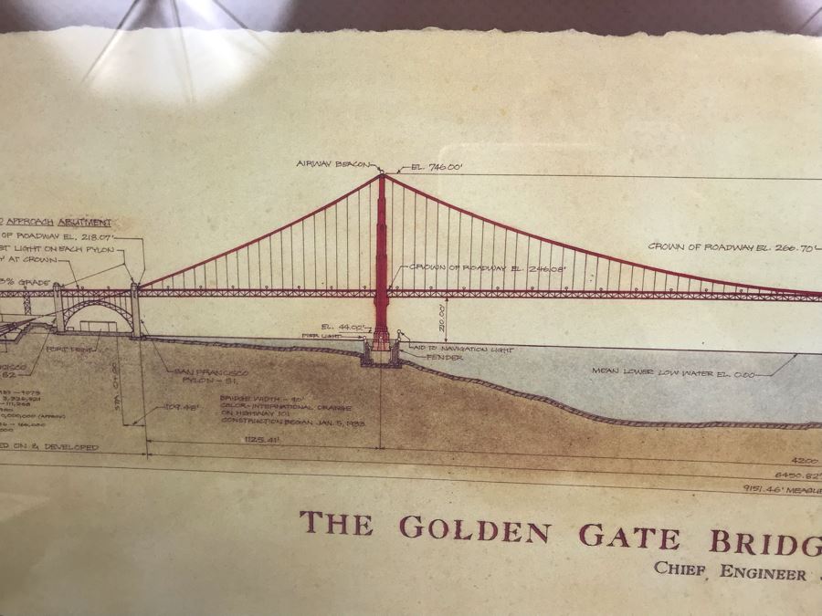 Framed Reproduction Architectural Drawings For The Golden Gate Bridge Dedicated May 27, 1937 41' X 18' [Photo 5]