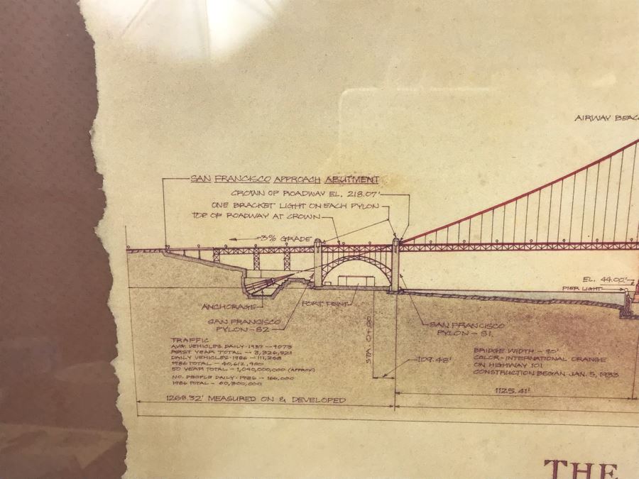 Framed Reproduction Architectural Drawings For The Golden Gate Bridge Dedicated May 27, 1937 41' X 18' [Photo 4]