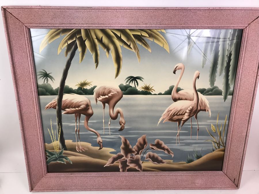 Vintage 1950's Pink Framed Flamingo Print By Turner Manufacturing Co 33' X  27