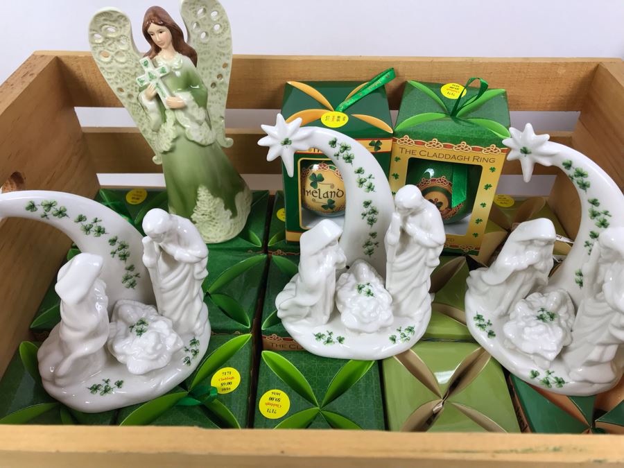 Wooden Crate, (17) New Irish Ornaments, (1) Irish Angel, (3) Irish Nativity Figurines And (2) Irish Christmas Plates With Metal Stands - Retails Over $300 [Photo 2]