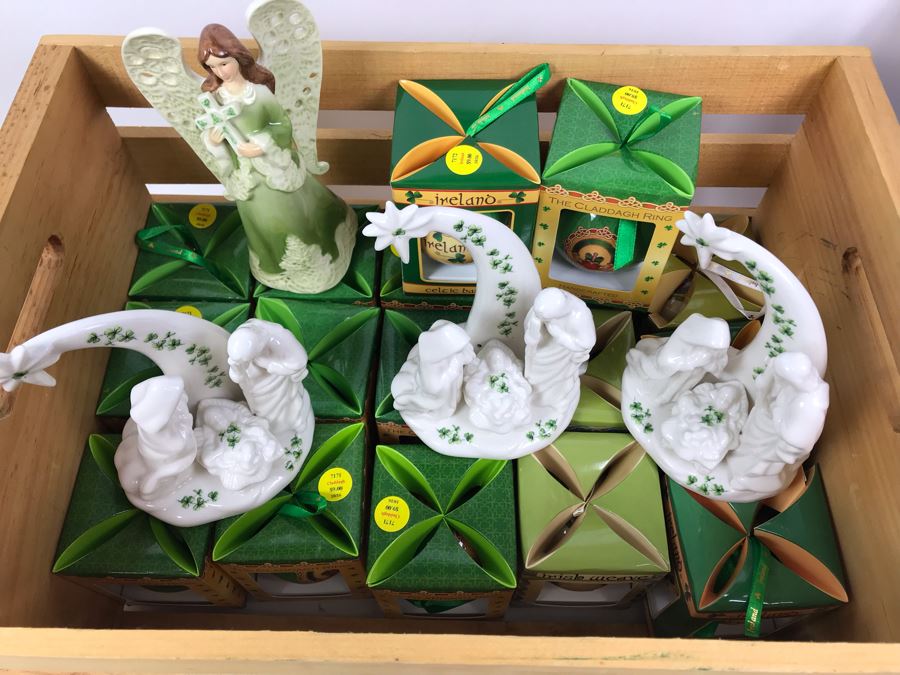 Wooden Crate, (17) New Irish Ornaments, (1) Irish Angel, (3) Irish Nativity Figurines And (2) Irish Christmas Plates With Metal Stands - Retails Over $300 [Photo 3]