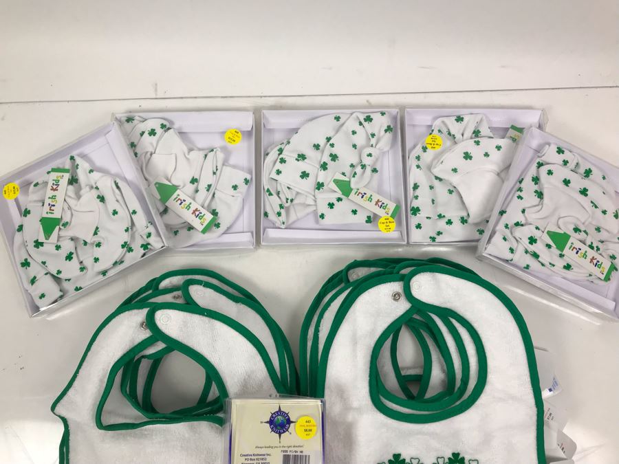(16) New Irish Baby Bibs, (5) Baby Cap & Boot Sets, (1) Pair Of Pink Shamrock Baby Booties Retails $195 [Photo 14]