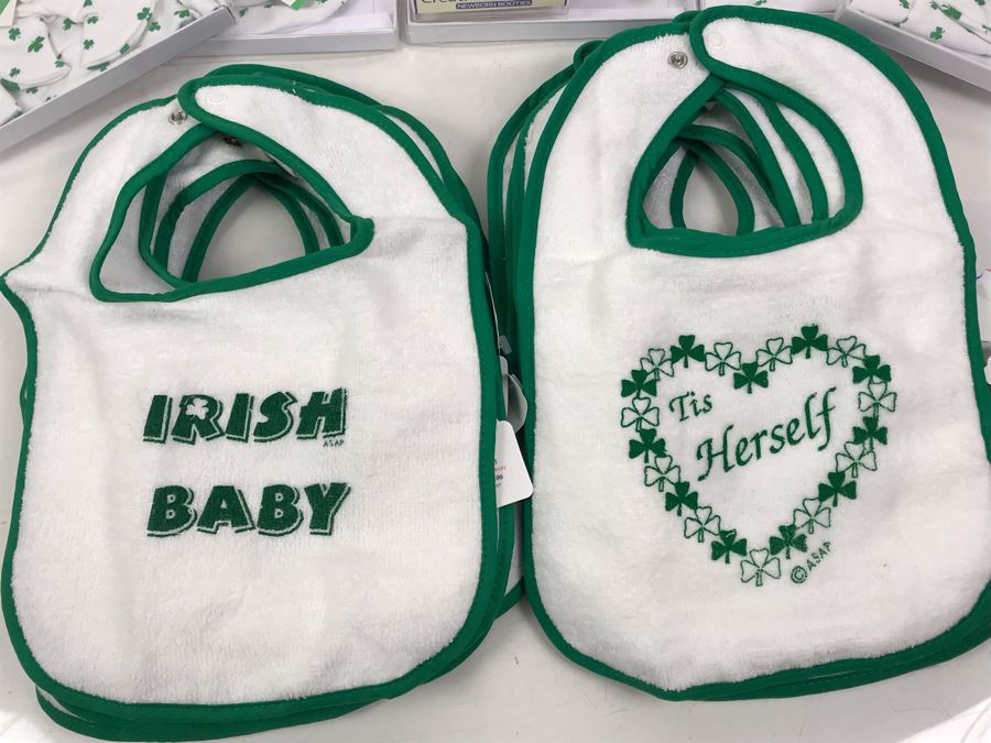 (16) New Irish Baby Bibs, (5) Baby Cap & Boot Sets, (1) Pair Of Pink Shamrock Baby Booties Retails $195 [Photo 2]