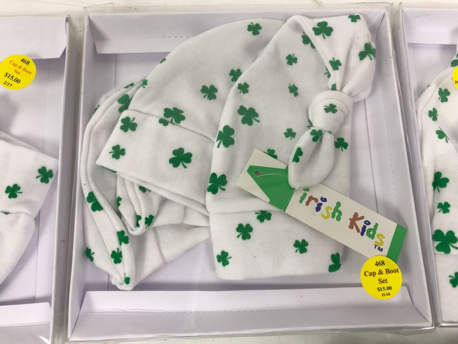 (16) New Irish Baby Bibs, (5) Baby Cap & Boot Sets, (1) Pair Of Pink Shamrock Baby Booties Retails $195 [Photo 12]