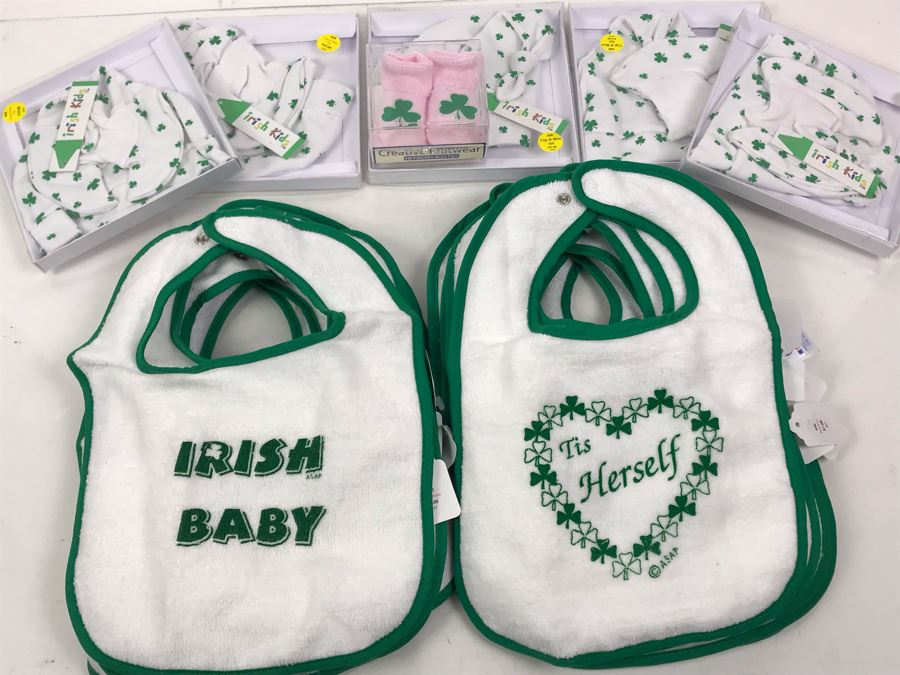 (16) New Irish Baby Bibs, (5) Baby Cap & Boot Sets, (1) Pair Of Pink Shamrock Baby Booties Retails $195 [Photo 1]