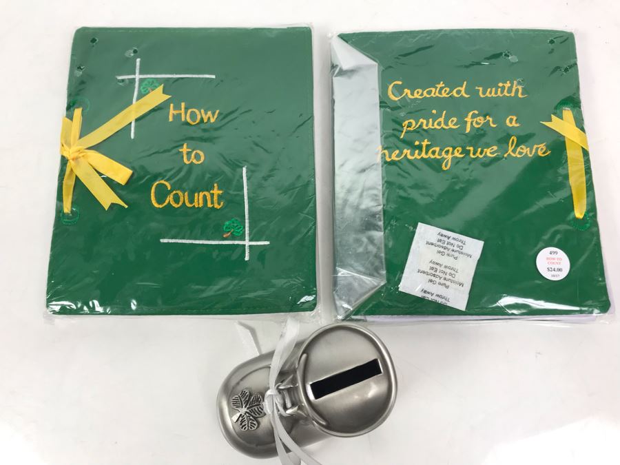 Irish Pewter Baby Shoe Bank And Pair Of Baby How To Count Books Retails $97 [Photo 2]