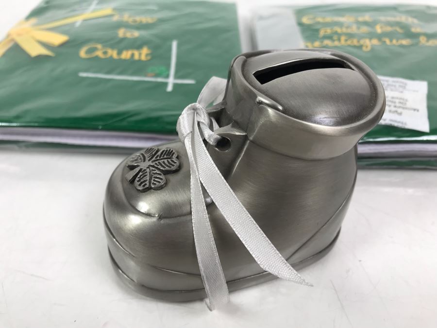 Irish Pewter Baby Shoe Bank And Pair Of Baby How To Count Books Retails $97 [Photo 6]