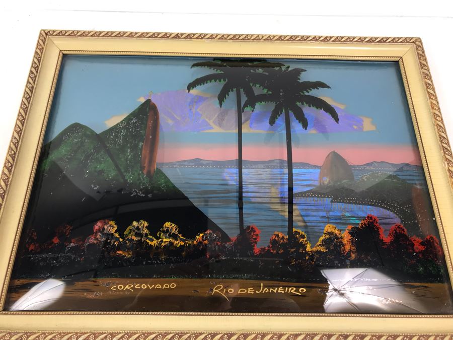 Vintage Corcovado Rio De Janeiro Bubbled Glass Butterfly Wings Framed Artwork 15' X 11' [Photo 2]